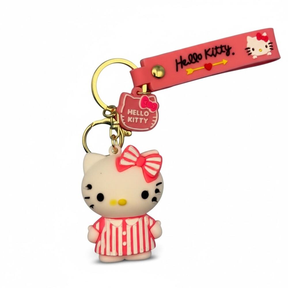 Hello Kitty Striped Pink and White Keychain - Picture 2 of 3